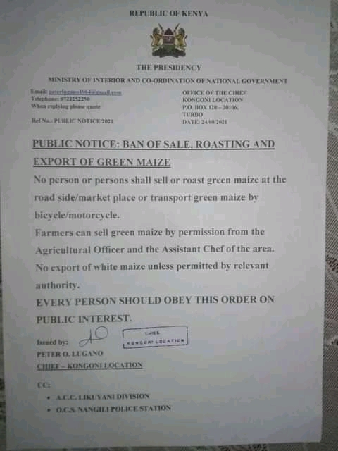 Ban on Sale of Maize